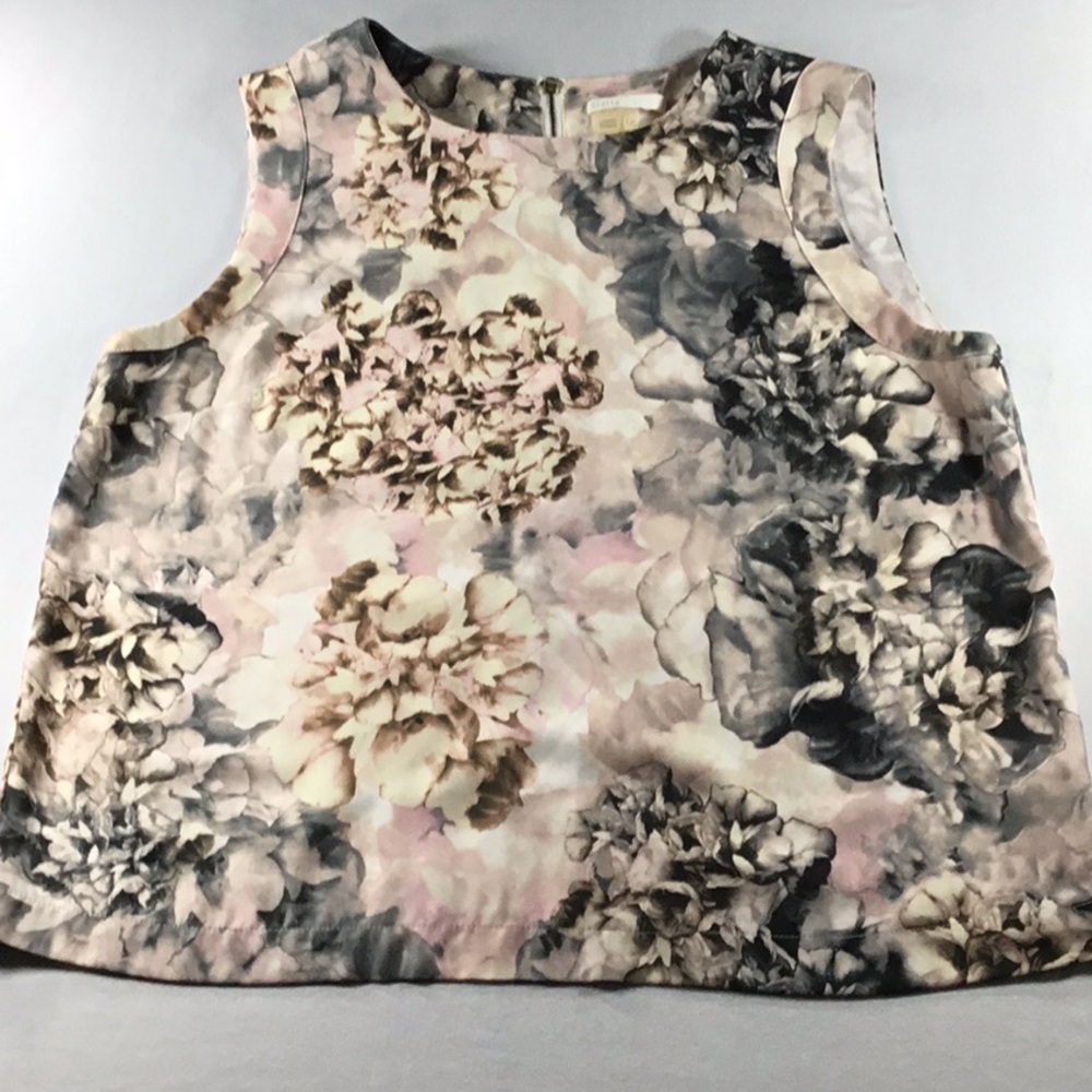 FloralPrint Pink/Gray Boho Chic Sleeveless Blouse Workwear Style Size L